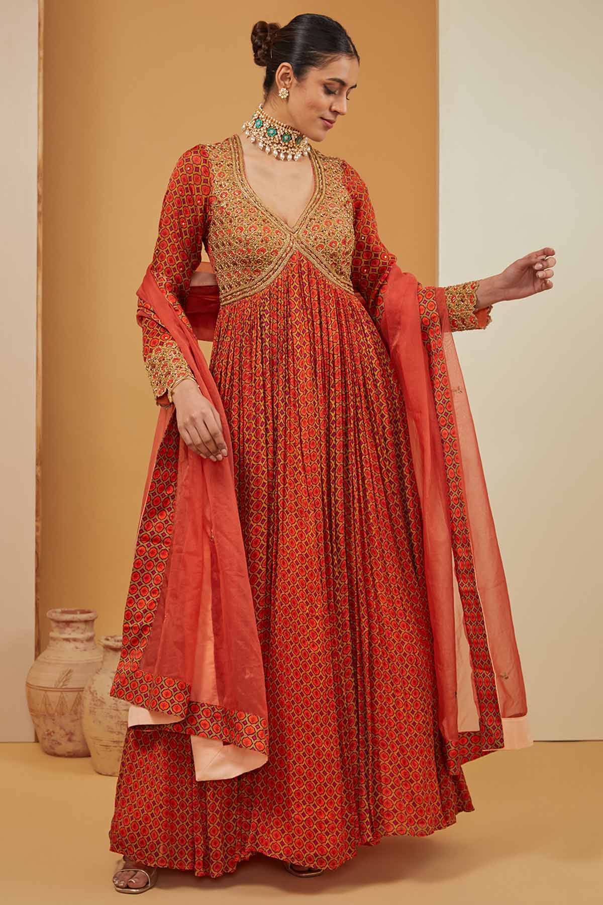 Designer Neha Khullar Orange Print Anarkali & Dupatta for Women Online